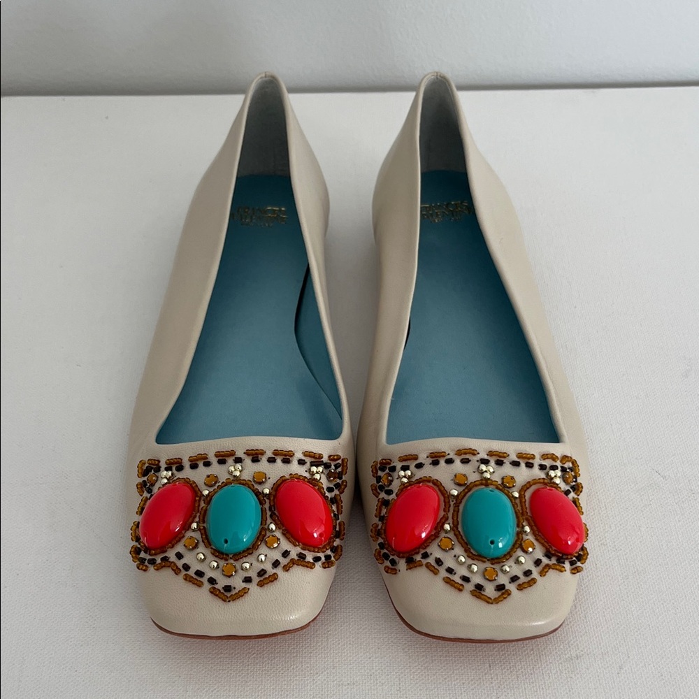 Frances Valentine Jude Oyster Shiny Nappa Flats with Vibrant Embellishments
